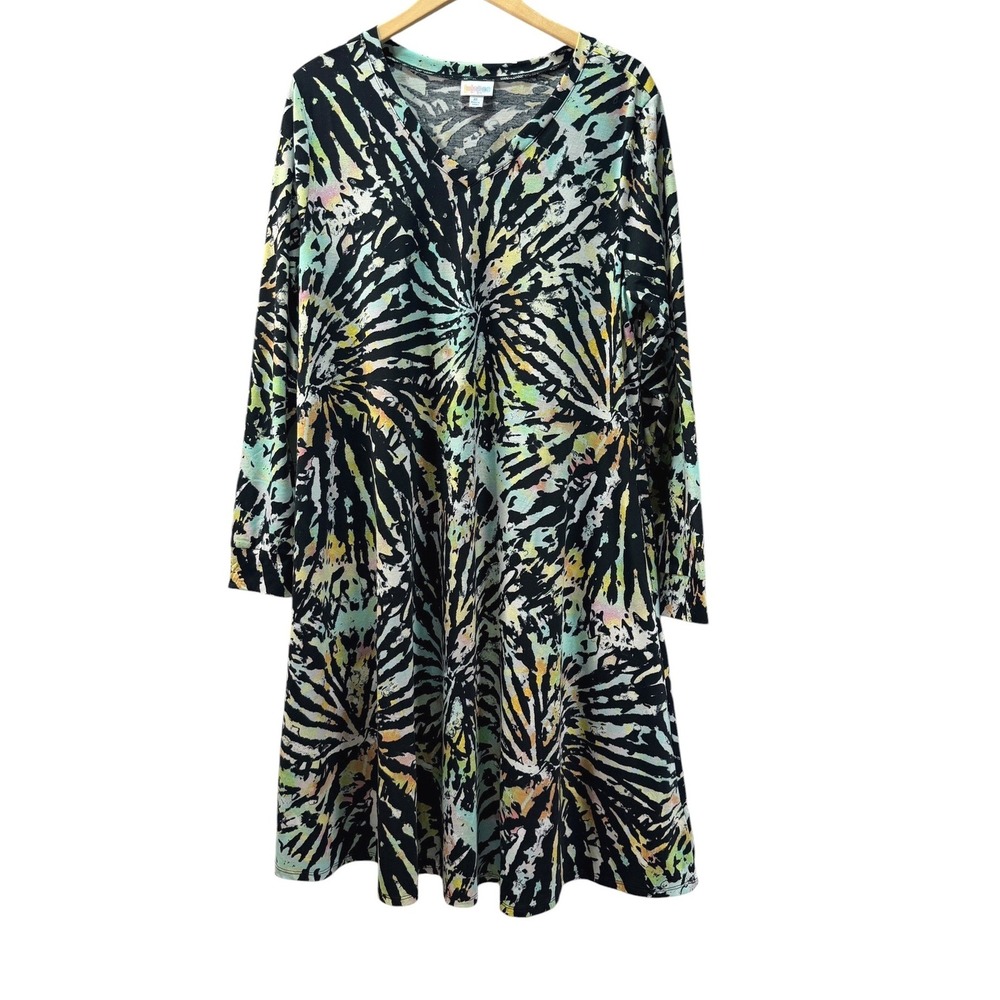 LuLaRoe Dress Women XL Black Tie Dye V-Neck Long Sleeve Pockets Psychedel Boho